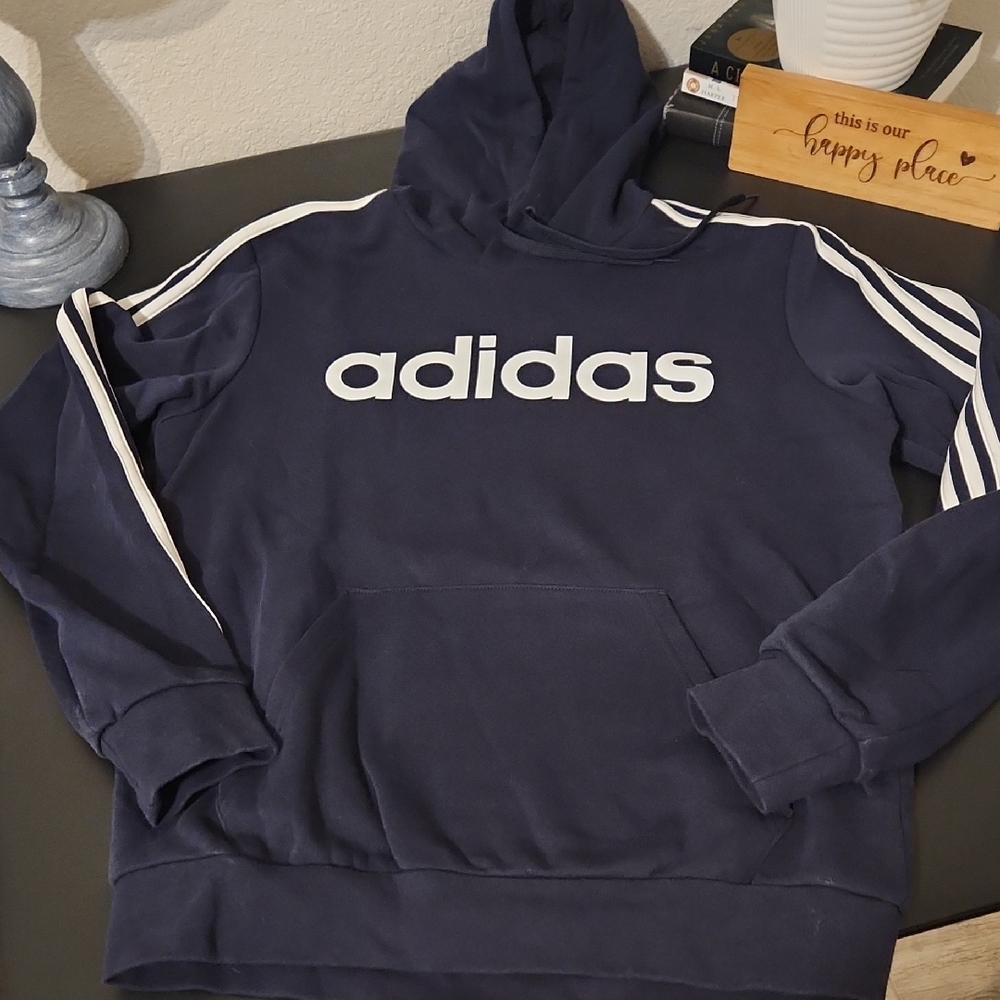 Adidas Men's Dark Blue Hoodie with White Stripes